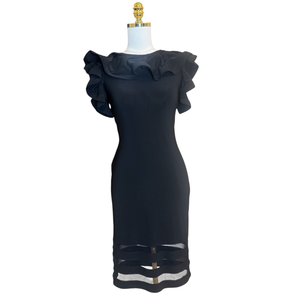 Joseph Ribkoff Black Ruffle Sheer Hem Midi Cocktail Dress Size Small